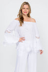 Women's Casual Drawstring Off-Shoulder Crochet Trimmed Bell Sleeve Tunic Top - Mojito Collection - Vacation Clothing, Women's Clothing, Women's Resort Wear, Women's Top