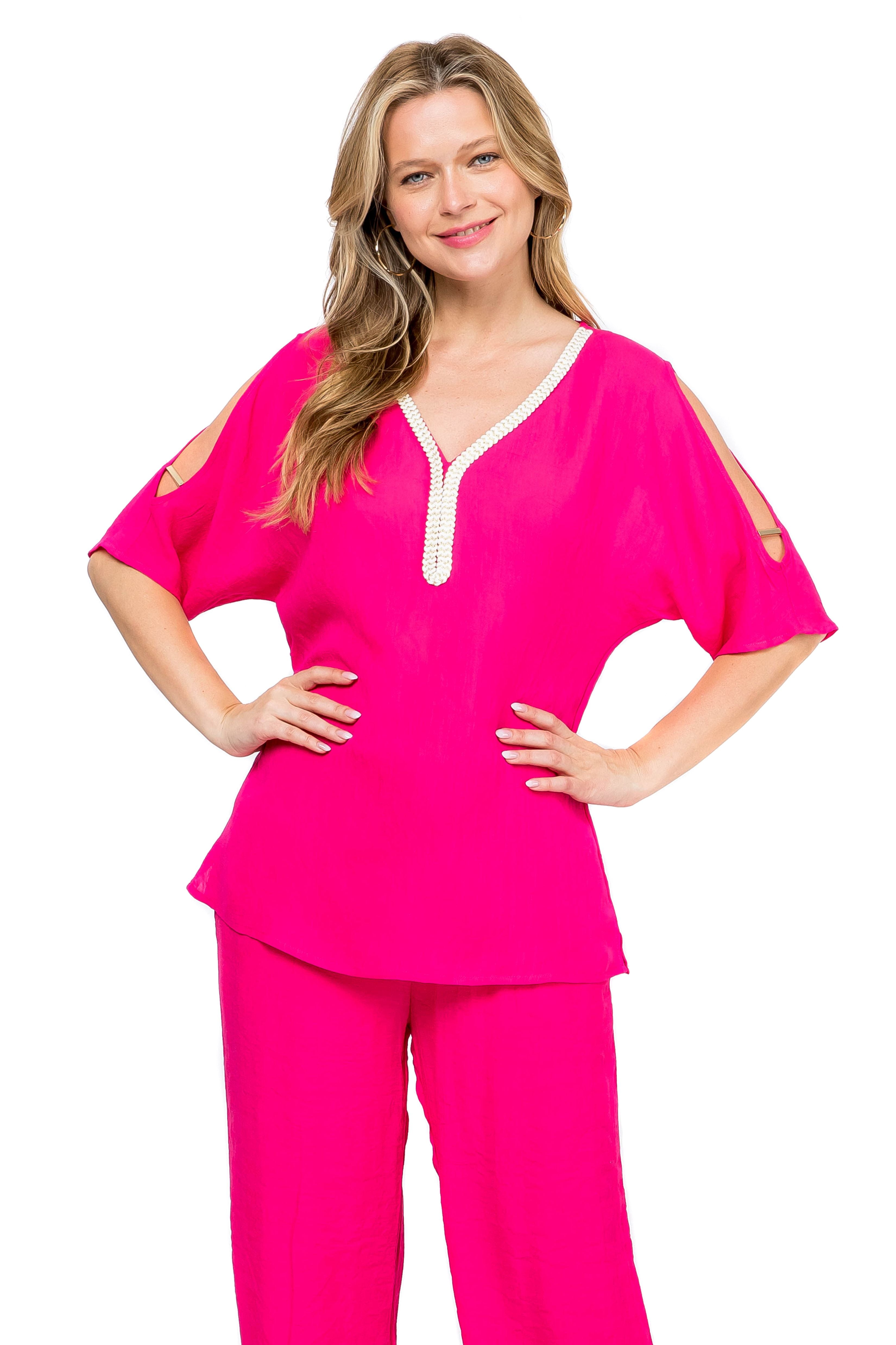 Women's Casual Embroidered V Neckline  ¾ Side Slit Sleeves Tunic Top - Mojito Collection - Vacation Clothing, Women's Clothing, Women's Resort Wear, Women's Top