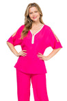 Women's Casual Embroidered V Neckline  ¾ Side Slit Sleeves Tunic Top - Mojito Collection - Vacation Clothing, Women's Clothing, Women's Resort Wear, Women's Top