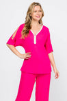 Women's Casual Embroidered V Neckline  ¾ Side Slit Sleeves Tunic Top - Mojito Collection - Vacation Clothing, Women's Clothing, Women's Resort Wear, Women's Top