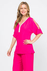 Women's Casual Embroidered V Neckline  ¾ Side Slit Sleeves Tunic Top - Mojito Collection - Vacation Clothing, Women's Clothing, Women's Resort Wear, Women's Top