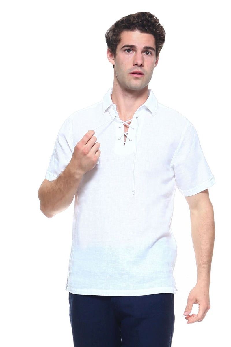 Men's Beach Resort Wear Linen Shirt Short Sleeve Lace Up Collar - Mojito Collection - Beachwear, Mens Shirt, Mojito Linen Shirt, Resort Wear, Short Sleeve Shirt