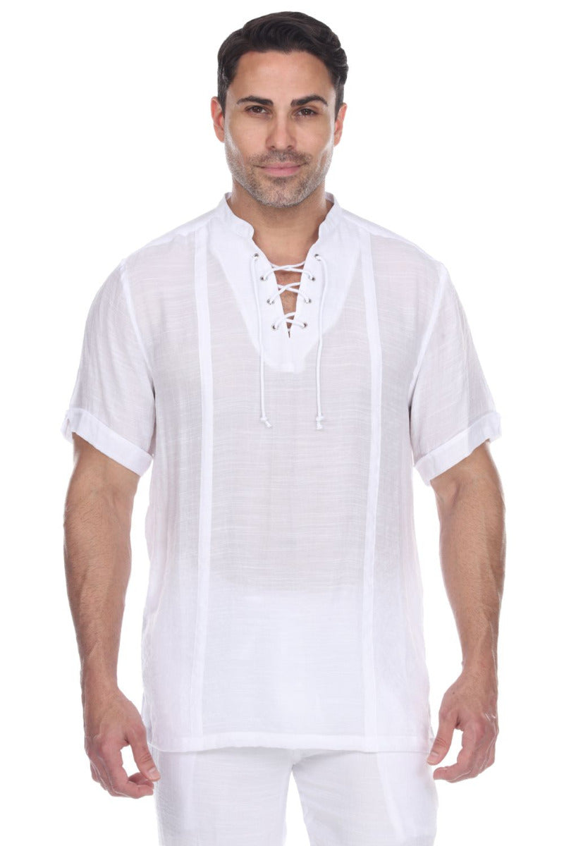 Men's Mandarin Collar Beachwear Lace Up Short Sleeve Shirt - Mojito Collection - Beachwear Shirt, Mens Shirt, Resortwear