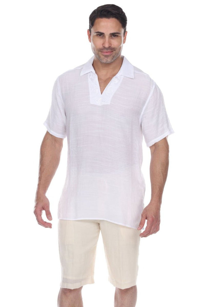 V-Neck Beachwear Shirt with Subtle Floral Embroidery