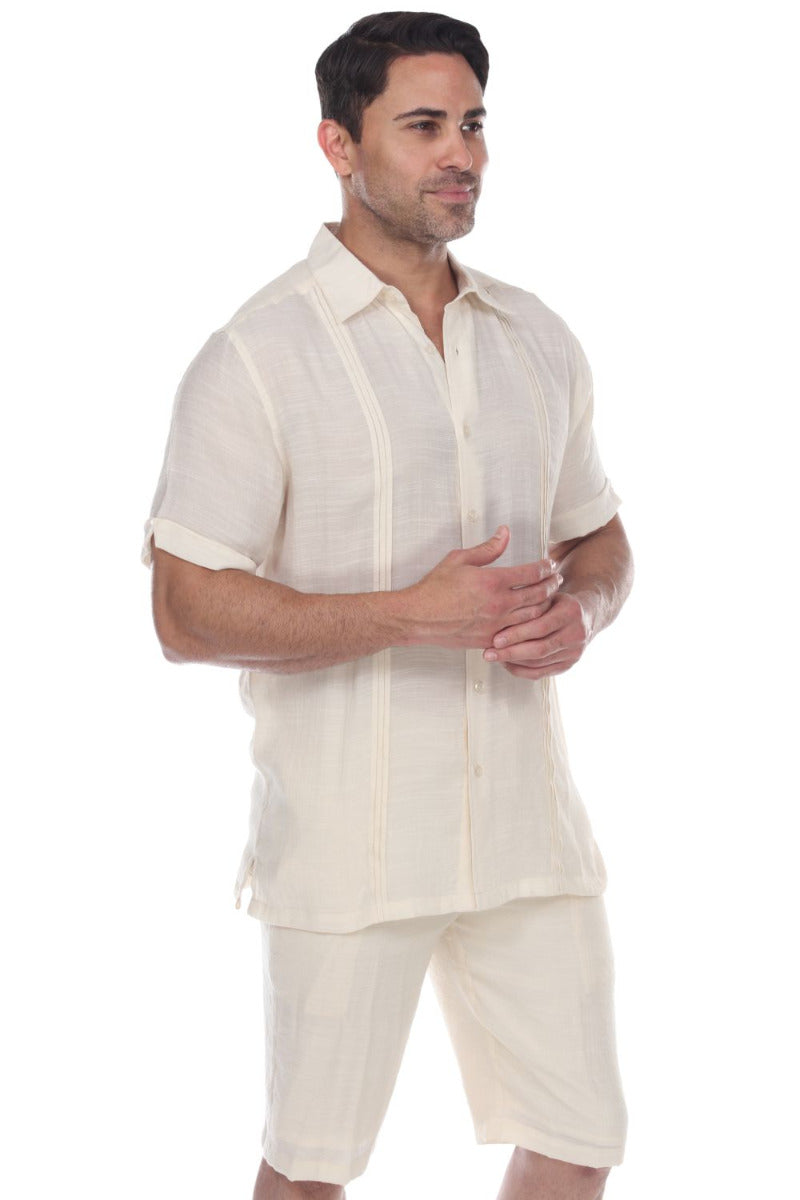 Men's Beachwear Button Down Short Sleeve Shirt with Pintuck Pleats