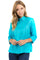 Front view of the women’s turquoise blue linen guayabera shirt, featuring a 4-pocket Cuban style.