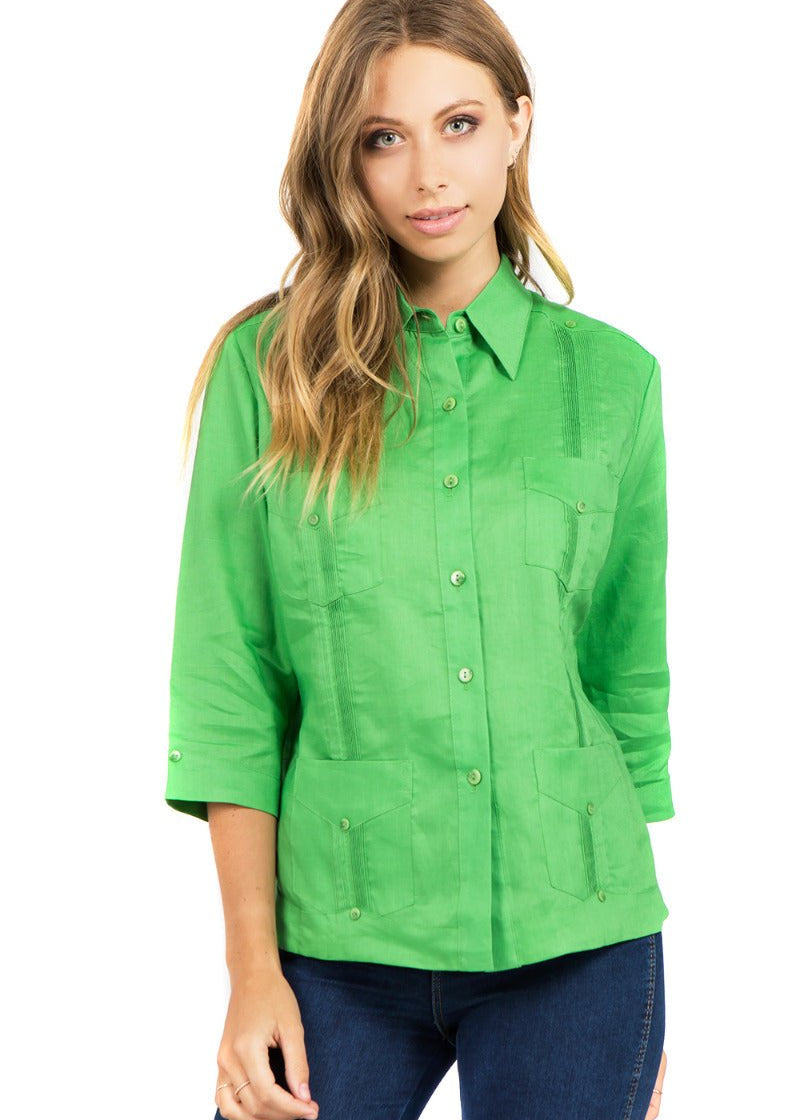 4 sleeve 100% linen guayabera shirt in a vibrant bright green color.