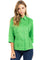 Front view of the women’s 3/4 sleeve 100% linen guayabera shirt in a vibrant bright green color.