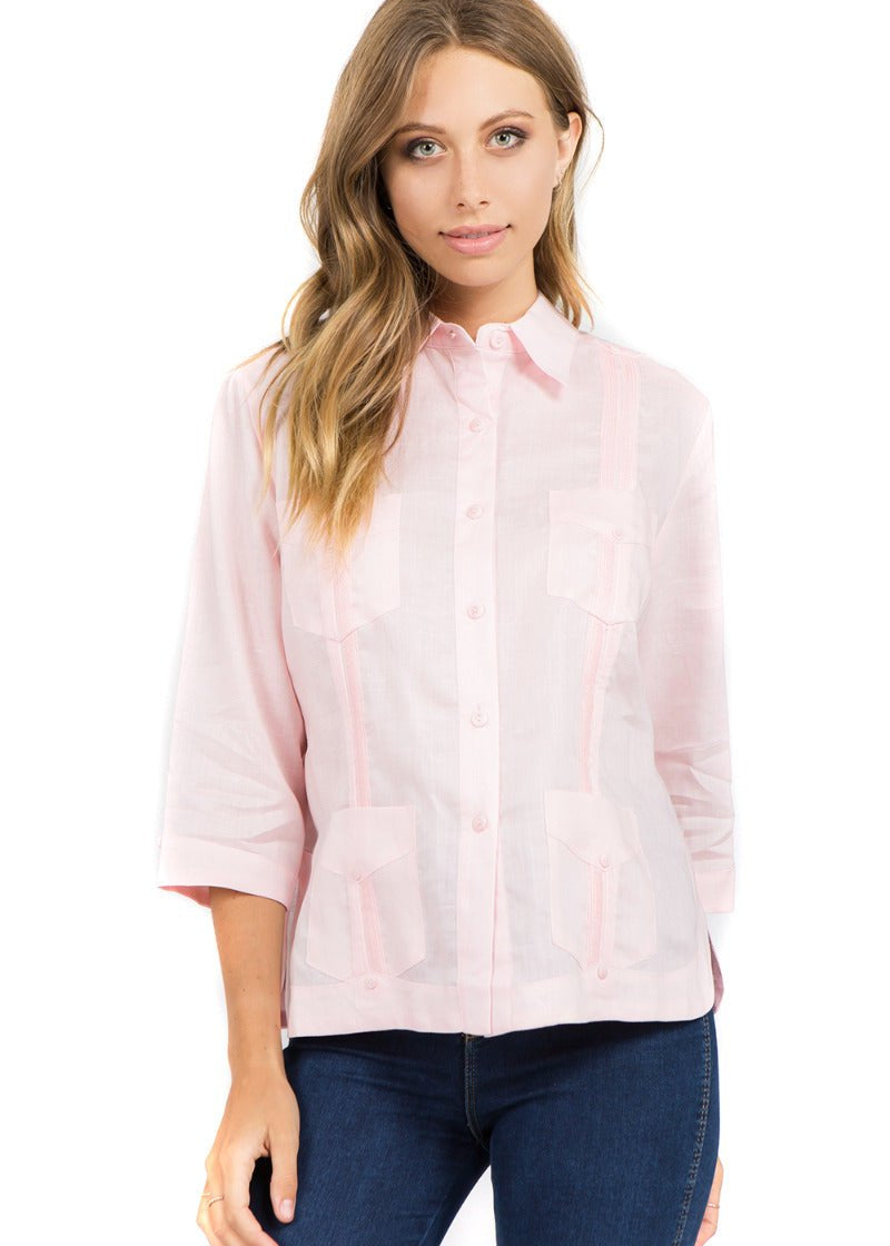 Waist-up view of a Light Pink Women's 100% Linen Guayabera Shirt featuring classic pleats and embroidery.