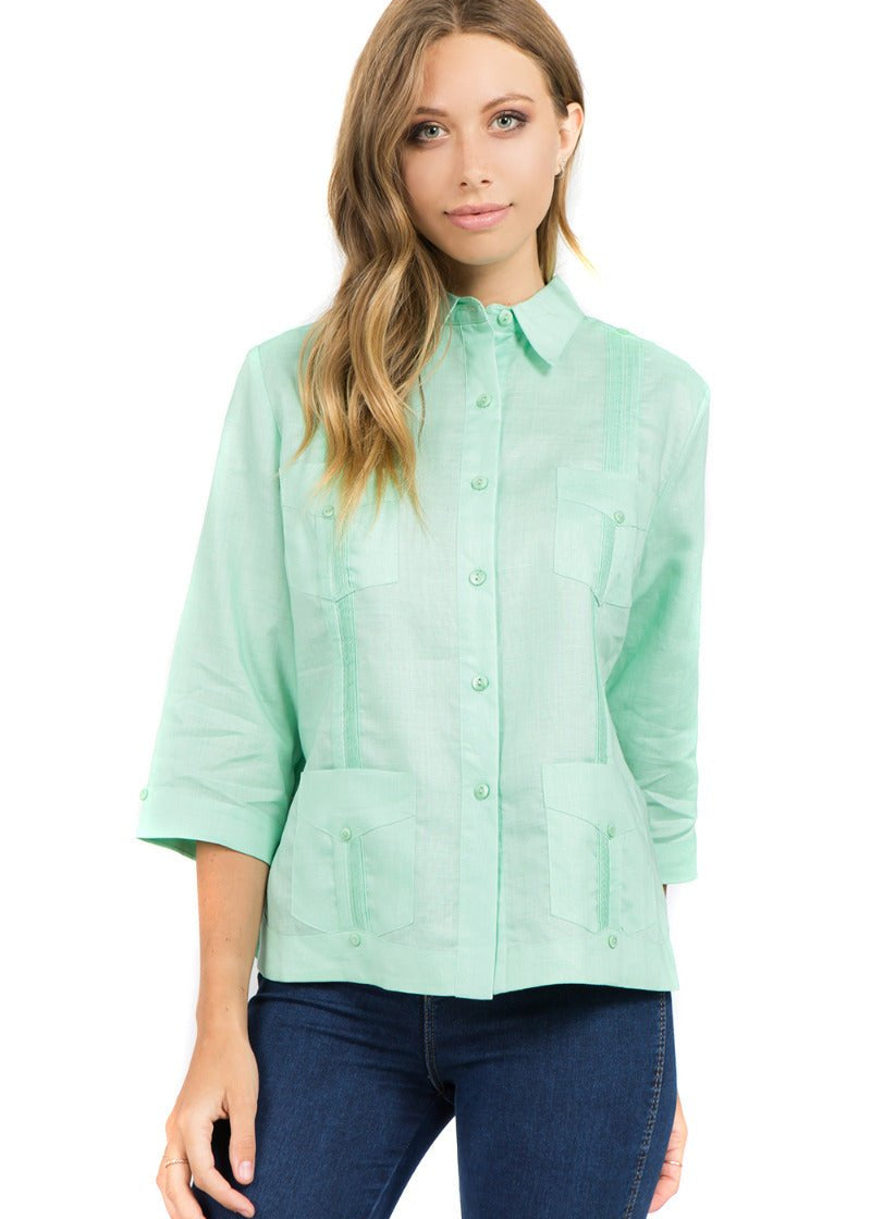 Mint Green Women's 100% Linen Guayabera Shirt with traditional Cuban styling and breathable premium fabric.