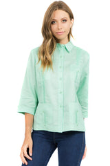 Women's Premium Linen Guayabera Shirt – 3/4 Sleeve Traditional 4-Pocket Style
