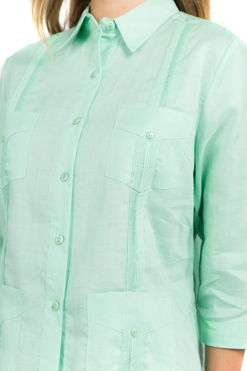 Women's Traditional Guayabera Shirt Premium 100% Linen 3/4 Sleeves XS-3X - Mojito Collection - Mojito Guayabera Shirt Women, Womens Guayabera Shirt, Womens Shirt