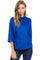 Women's blue linen guayabera shirt with 3/4 sleeves and classic Cuban embroidery and pleats.