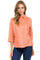 Front view of the women’s 100% linen guayabera shirt in a warm coral peach color with 3/4 sleeves.