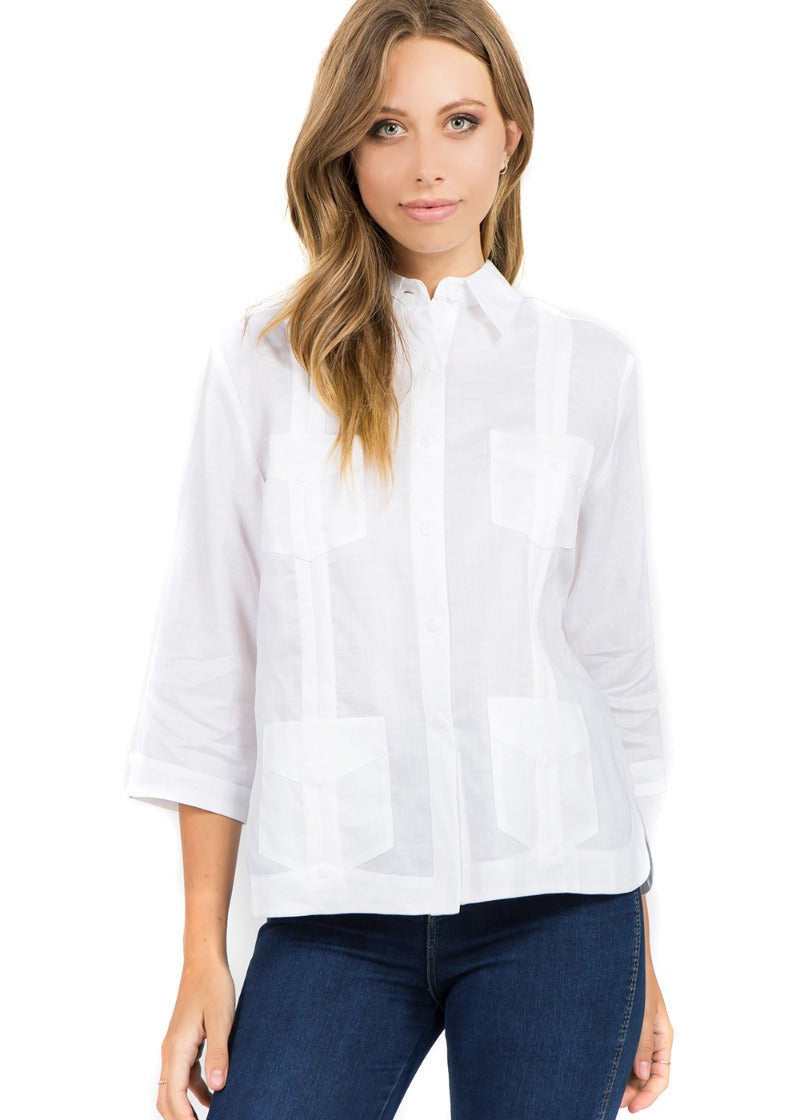 Front view of a white 100% linen guayabera shirt for women with authentic 4-pocket construction and embroidery.