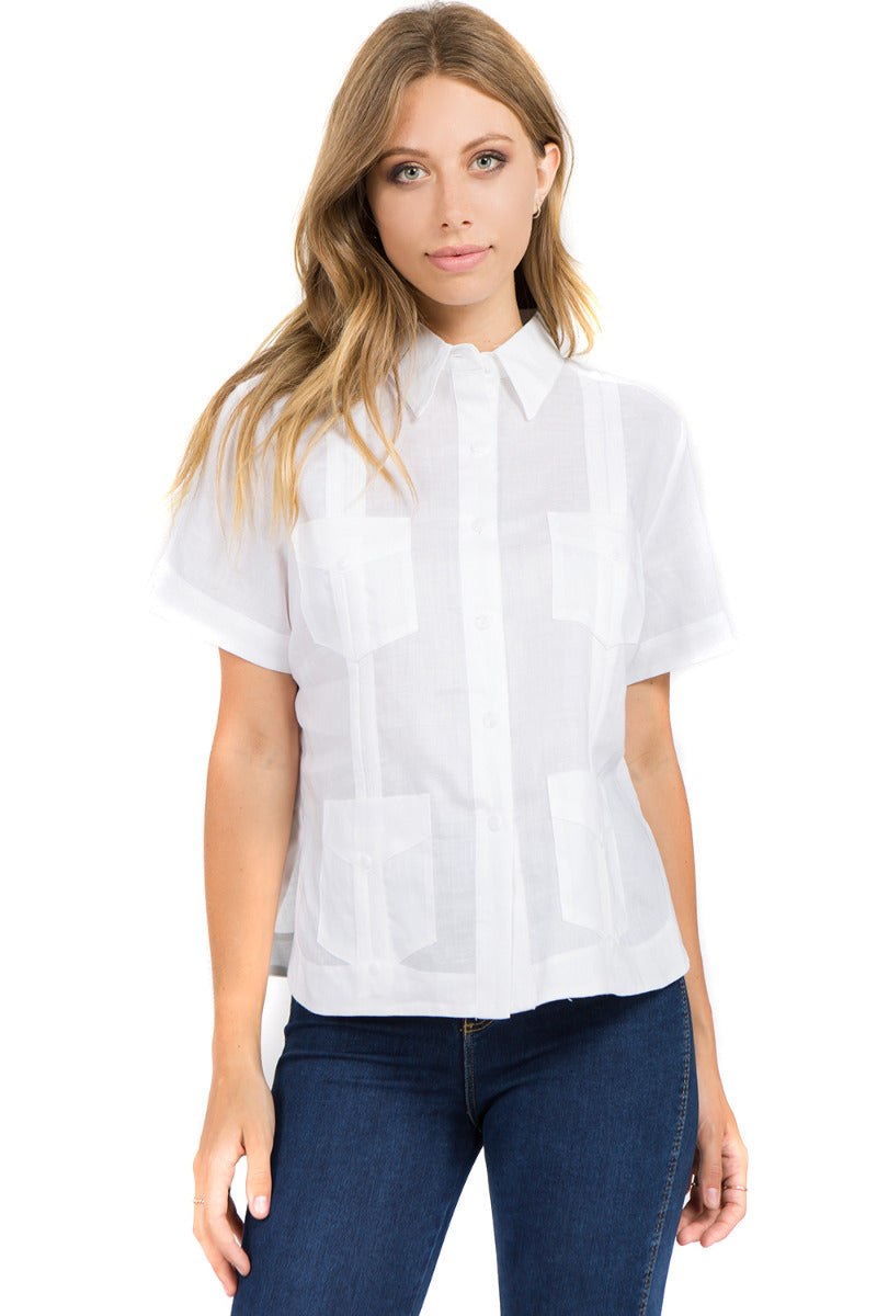 Women's Traditional Guayabera Shirt Premium 100% Linen Short Sleeve XS ...