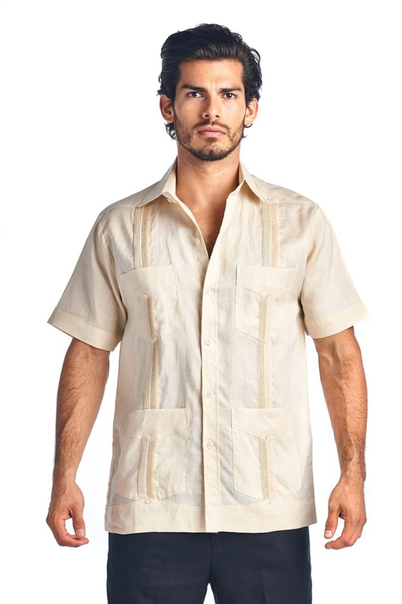 Men's-Guayabera-Linen-4-Pocket-Short-Sleeve-Shirt-Button-Down