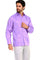 A man wears a lavender Men’s Plus Size Guayabera Shirt with four pockets and long sleeves.
