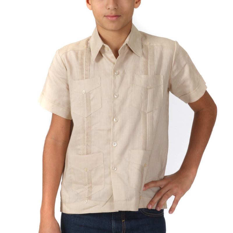 Youth Boys Cotton Blend Guayabera Shirt Short Sleeve 12-18 - Mojito Collection - Boys Guayabera Shirt, Guayabera, Mojito Guayabera Shirt, Short Sleeve