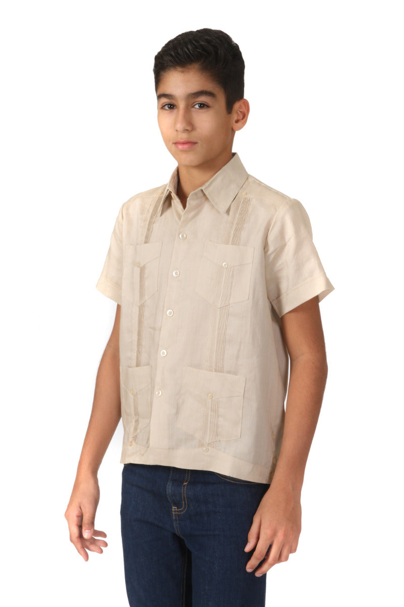 Junior Boys Linen Guayabera Shirt Short Sleeve 4 Pocked Design 14Y-20Y - Mojito Collection - Boys Guayabera Shirt, Guayabera, Linen Shirt, Mojito Guayabera Shirt, Short Sleeve