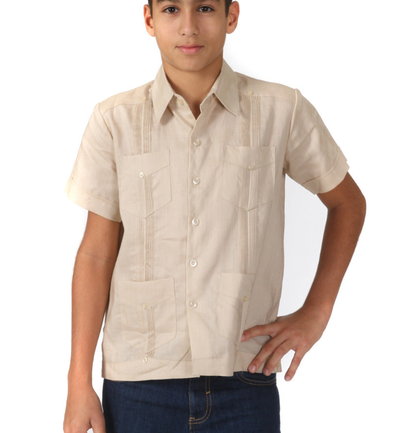 Junior Boys Linen Guayabera Shirt Short Sleeve 4 Pocked Design 14Y-20Y - Mojito Collection - Boys Guayabera Shirt, Guayabera, Linen Shirt, Mojito Guayabera Shirt, Short Sleeve