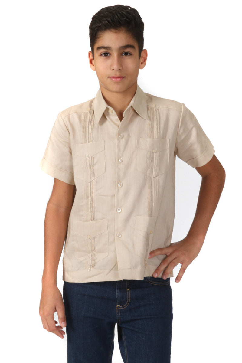 Junior Boys Linen Guayabera Shirt Short Sleeve 4 Pocked Design 14Y-20Y - Mojito Collection - Boys Guayabera Shirt, Guayabera, Linen Shirt, Mojito Guayabera Shirt, Short Sleeve