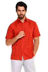 Guayabera de Manga Corta de Mezcla de Algodón con Cuatro Bolsillos, Tallas Grandes